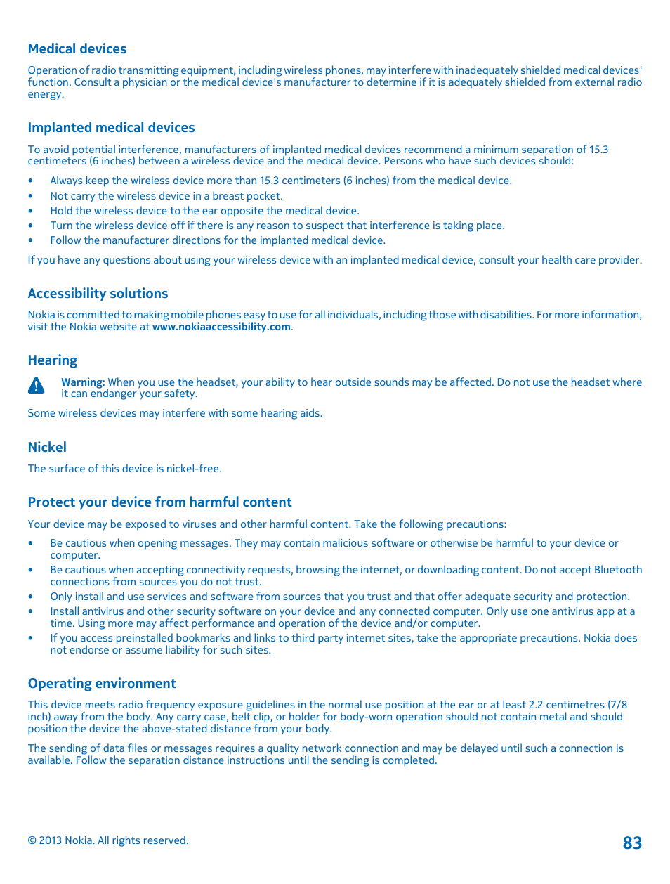 Medical devices, Implanted medical devices, Accessibility solutions | Hearing, Nickel, Protect your device from harmful content, Operating environment | Nokia Lumia 710 User Manual | Page 83 / 86