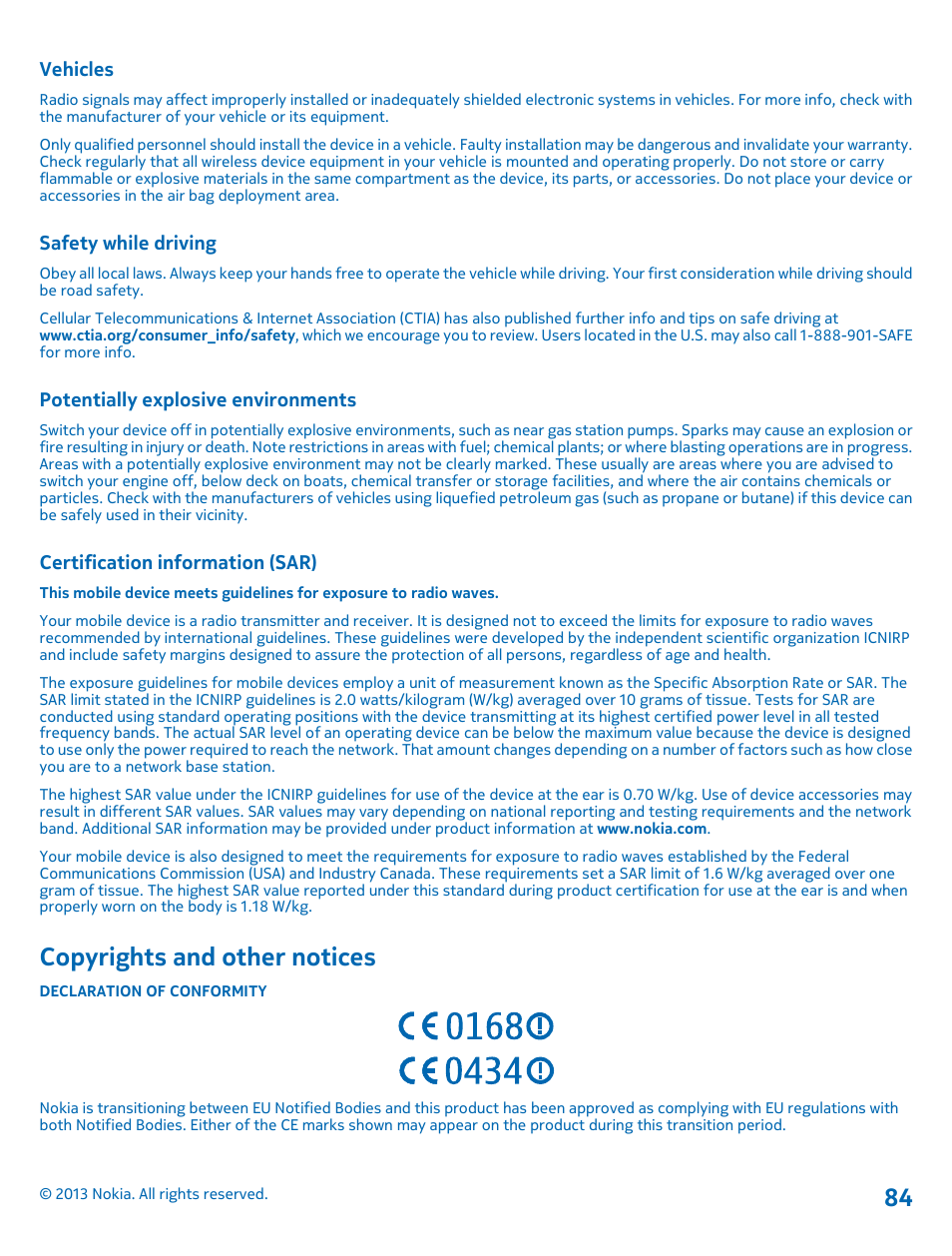 Vehicles, Safety while driving, Potentially explosive environments | Certification information (sar), Copyrights and other notices | Nokia Lumia 710 User Manual | Page 84 / 86