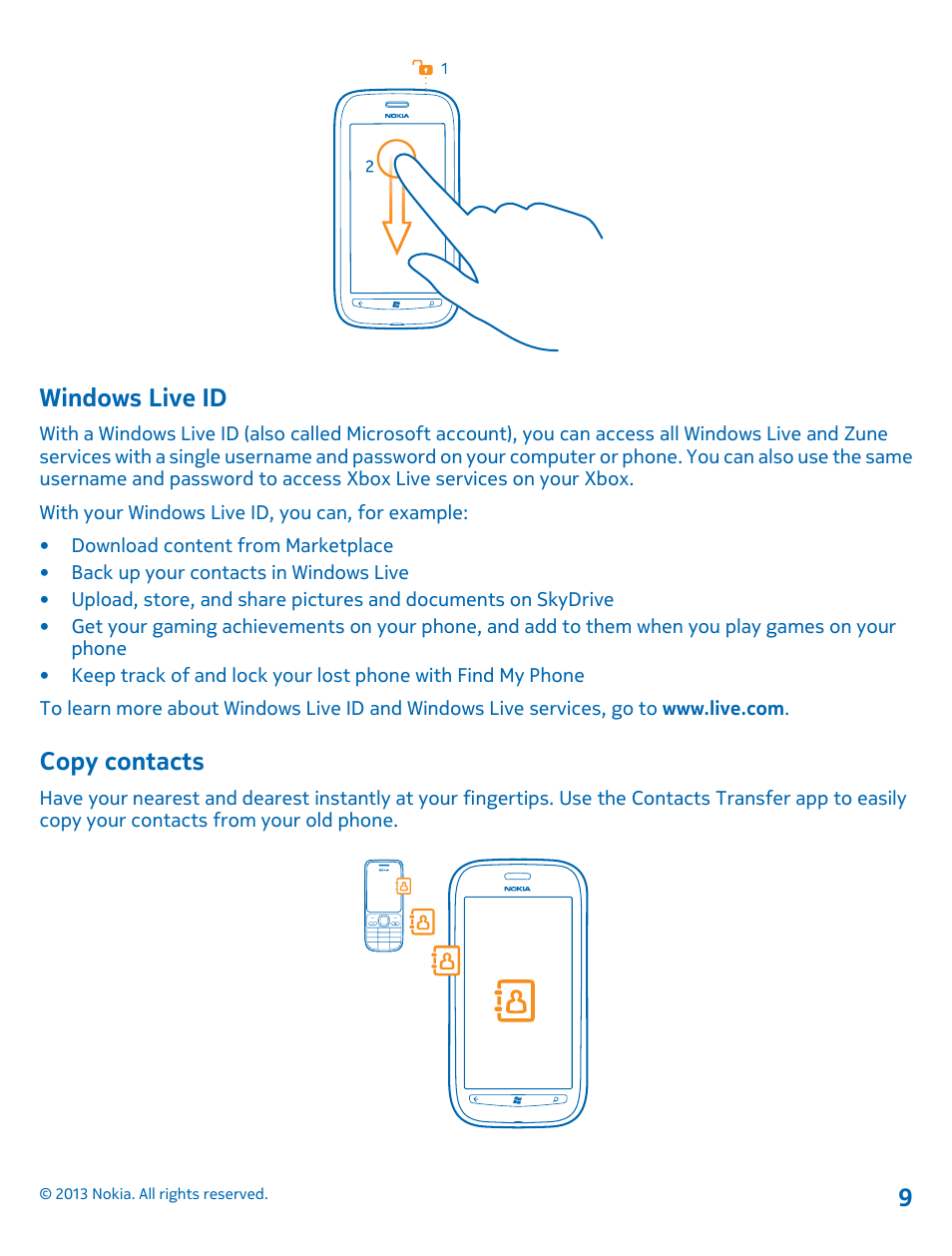 Windows live id, Copy contacts | Nokia Lumia 710 User Manual | Page 9 / 86