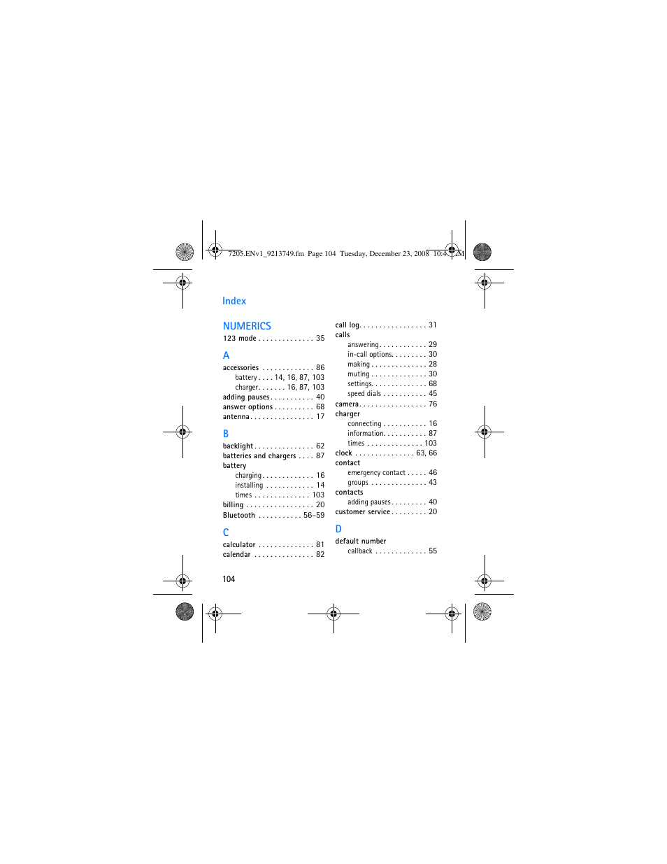 Index | Nokia 7205 Intrigue User Manual | Page 105 / 108