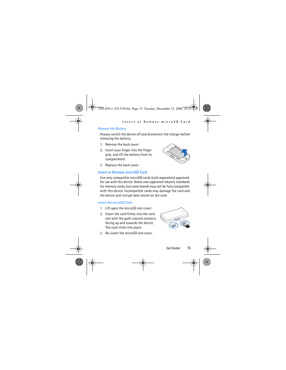 Insert or remove microsd card | Nokia 7205 Intrigue User Manual | Page 16 / 108