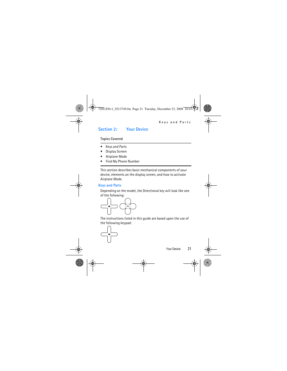 Section 2: your device, Keys and parts, Section 2 | Your device | Nokia 7205 Intrigue User Manual | Page 22 / 108