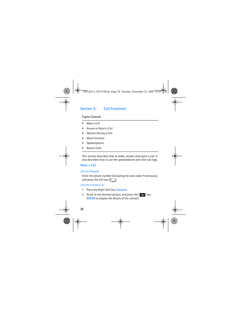 Section 3: call functions, Section 3, Call functions | Make a call | Nokia 7205 Intrigue User Manual | Page 29 / 108