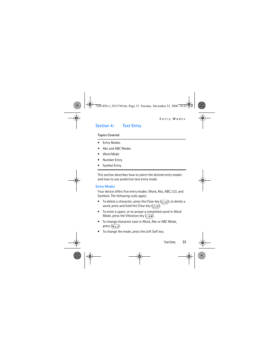 Section 4: text entry, Entry modes, Section 4 | Text entry | Nokia 7205 Intrigue User Manual | Page 34 / 108