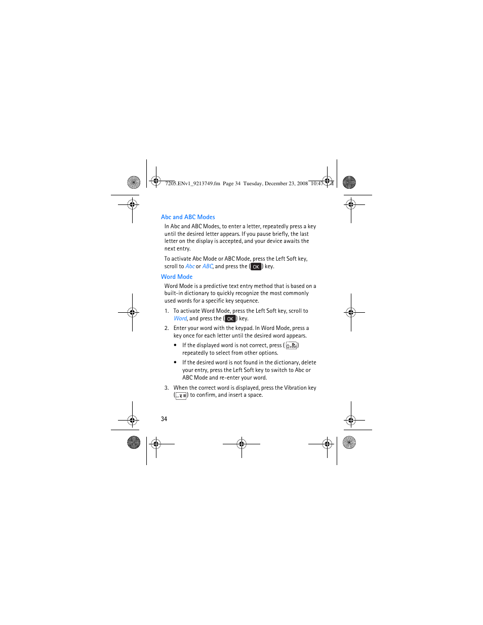 Abc and abc modes, Word mode, Abc and abc modes word mode | Nokia 7205 Intrigue User Manual | Page 35 / 108