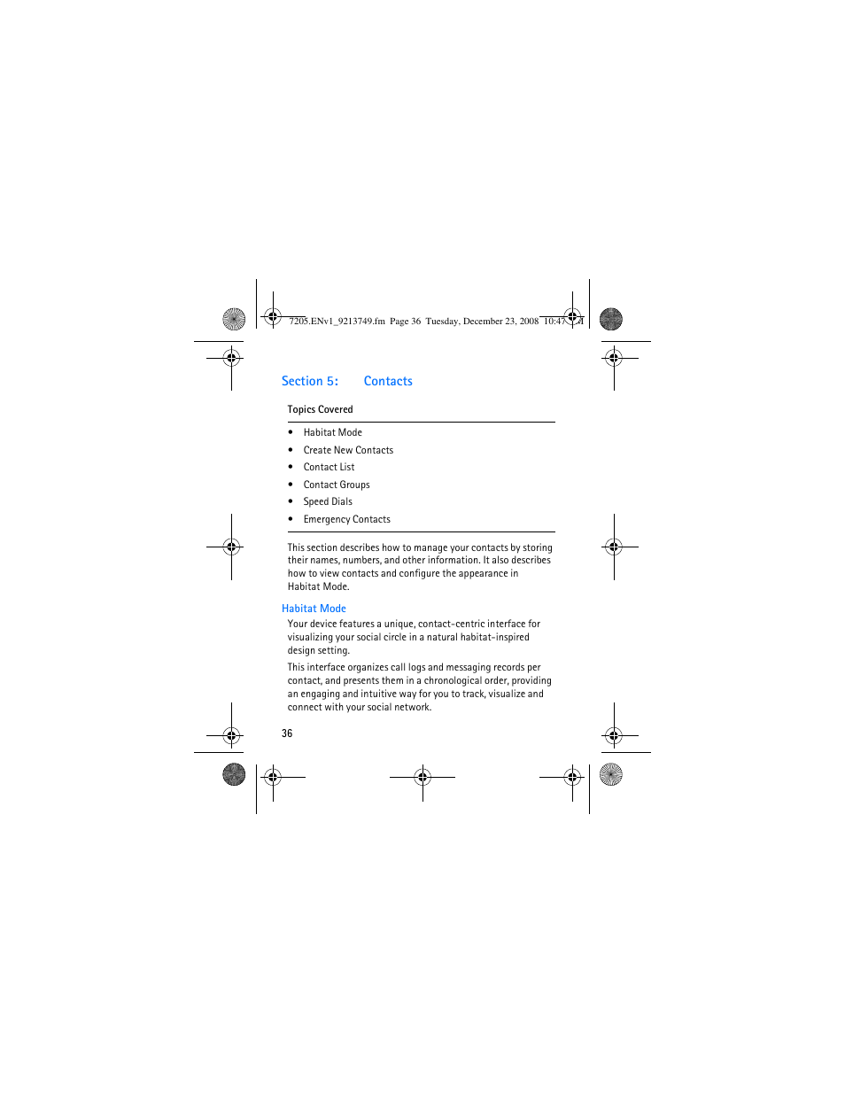 Section 5: contacts, Habitat mode, Section 5 | Contacts | Nokia 7205 Intrigue User Manual | Page 37 / 108