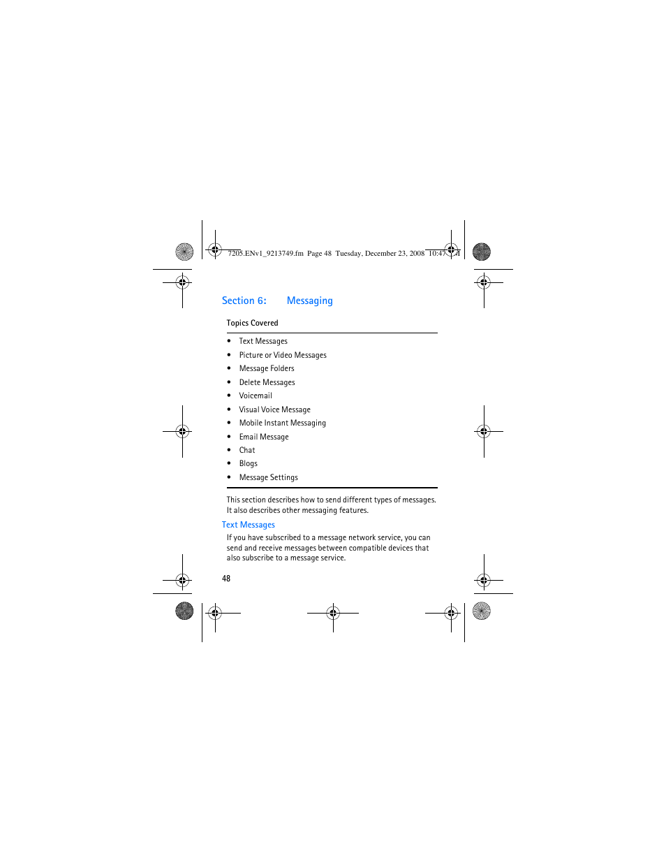 Section 6: messaging, Text messages, Section 6 | Messaging | Nokia 7205 Intrigue User Manual | Page 49 / 108