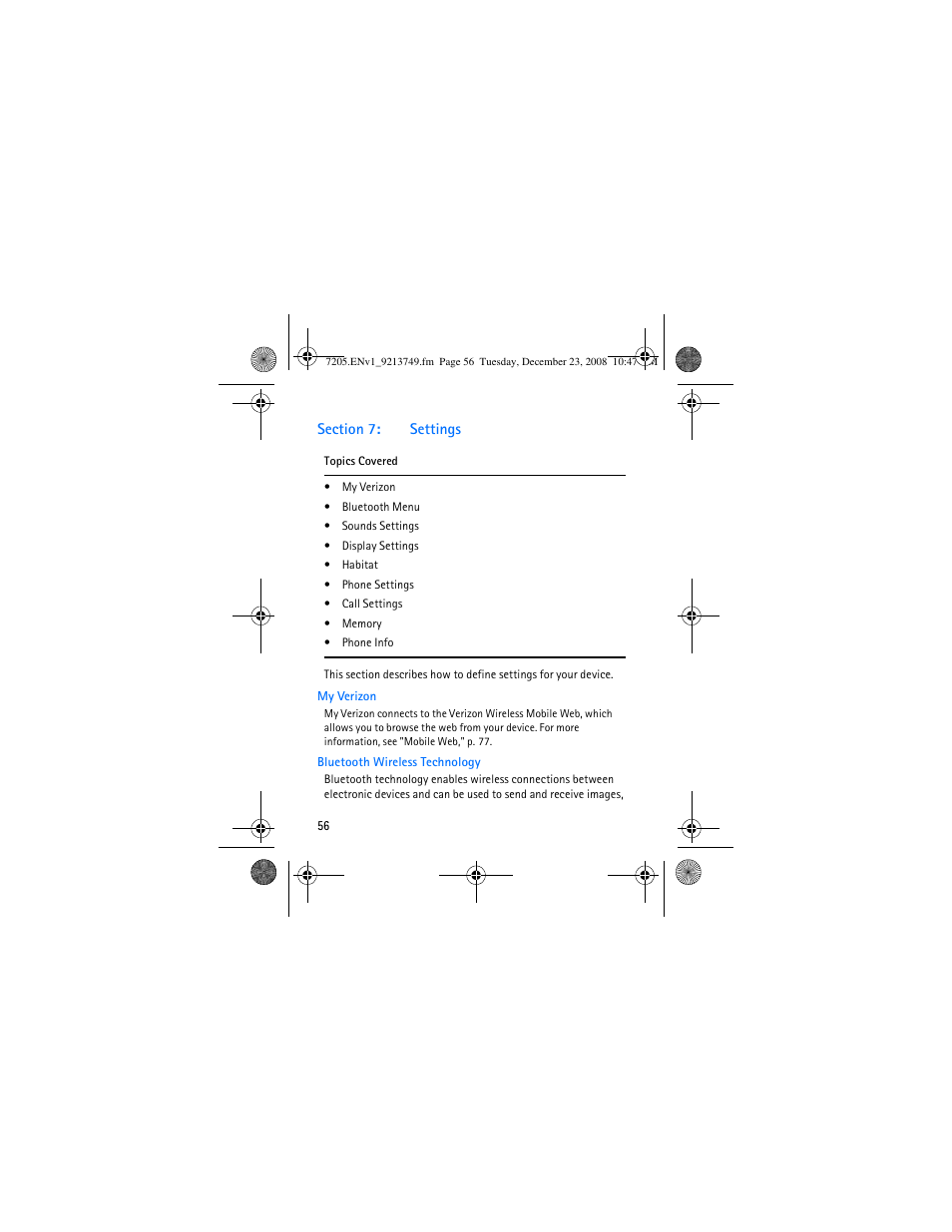 Section 7: settings, My verizon, Bluetooth wireless technology | Section 7, Settings, My verizon bluetooth wireless technology | Nokia 7205 Intrigue User Manual | Page 57 / 108