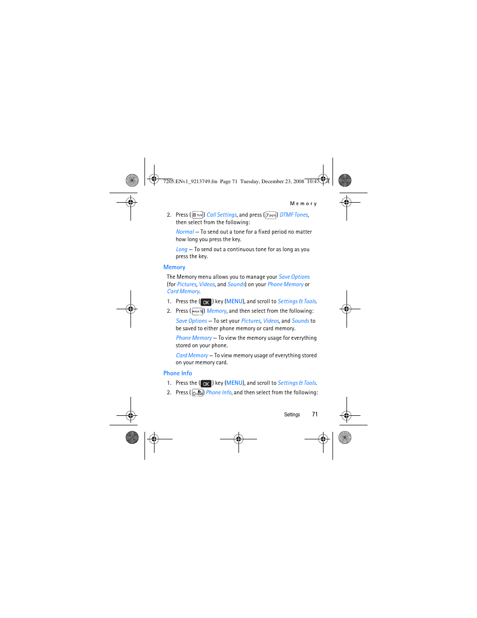 Memory, Phone info, Memory phone info | Nokia 7205 Intrigue User Manual | Page 72 / 108