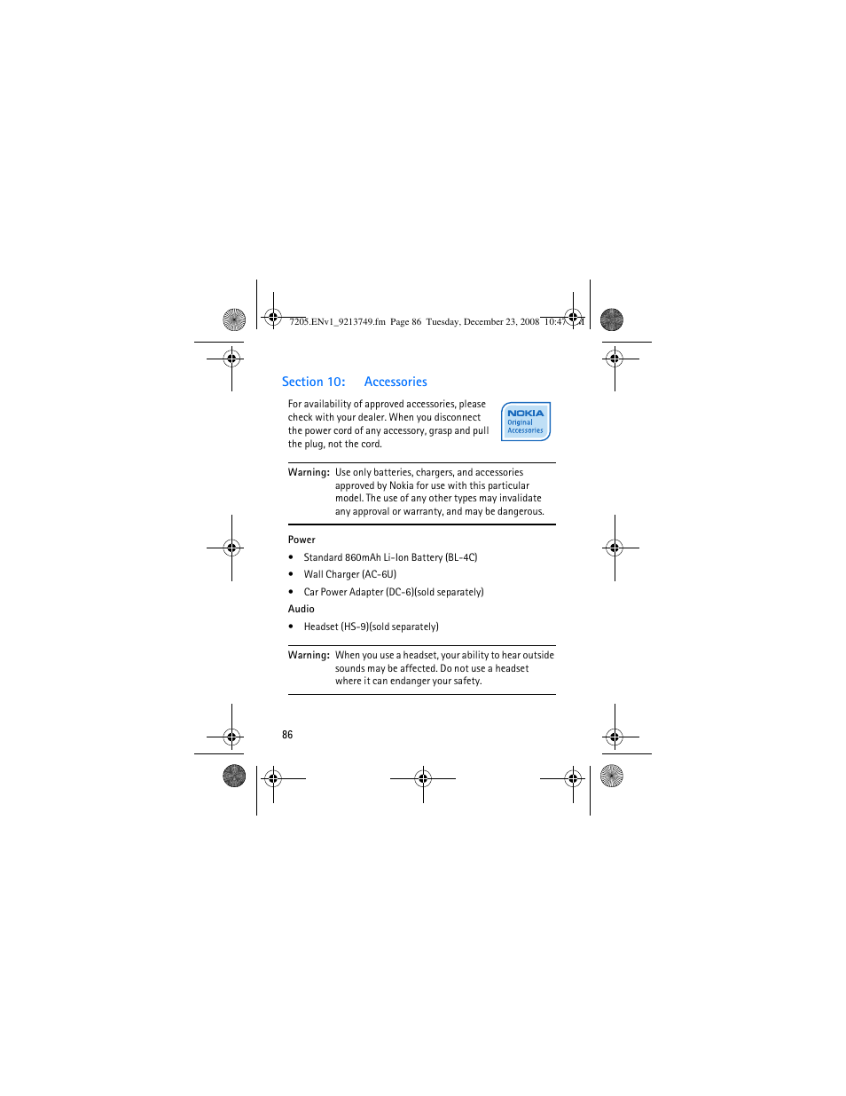 Section 10: accessories | Nokia 7205 Intrigue User Manual | Page 87 / 108