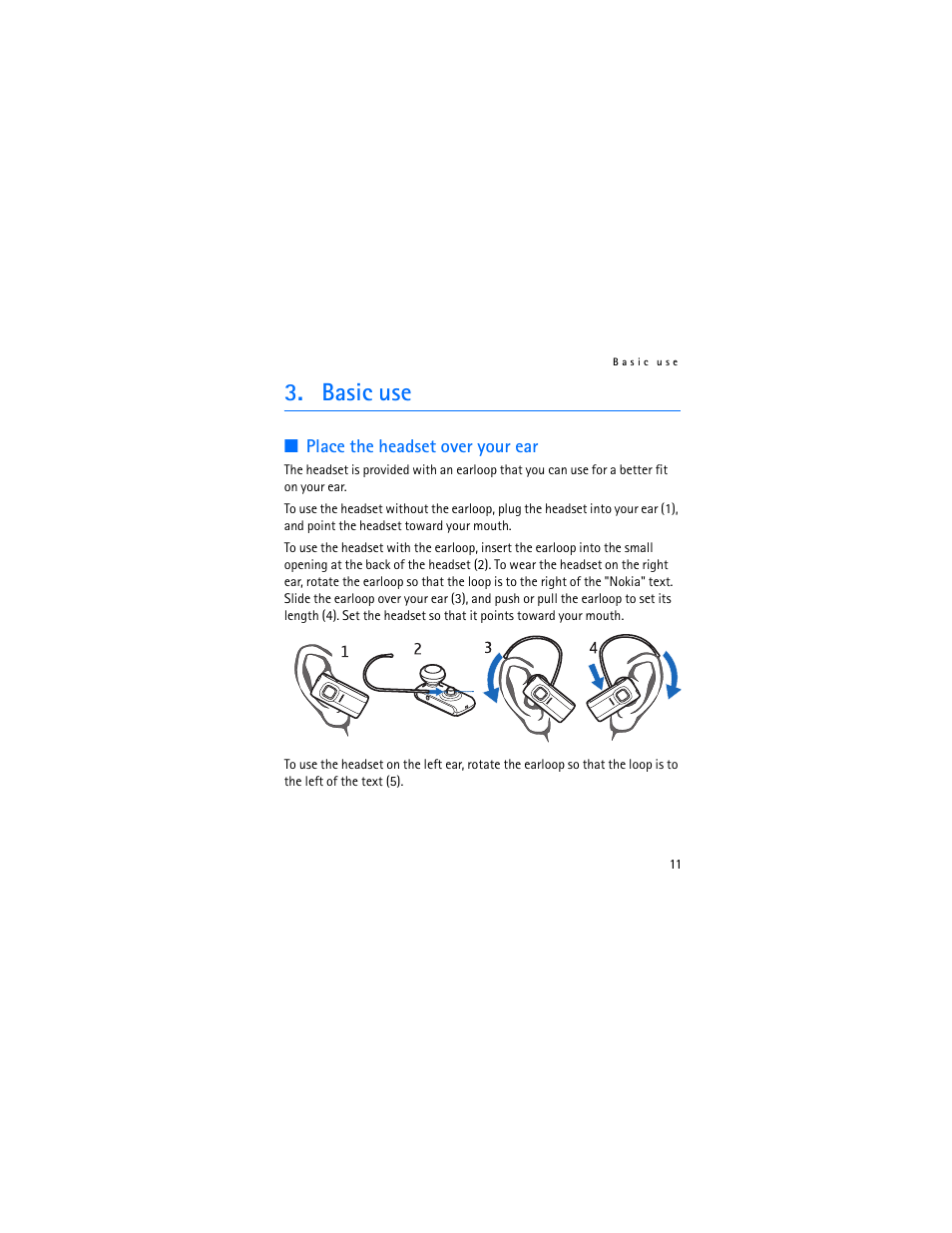 Basic use, Place the headset over your ear | Nokia Bluetooth Headset BH-800 User Manual | Page 11 / 80