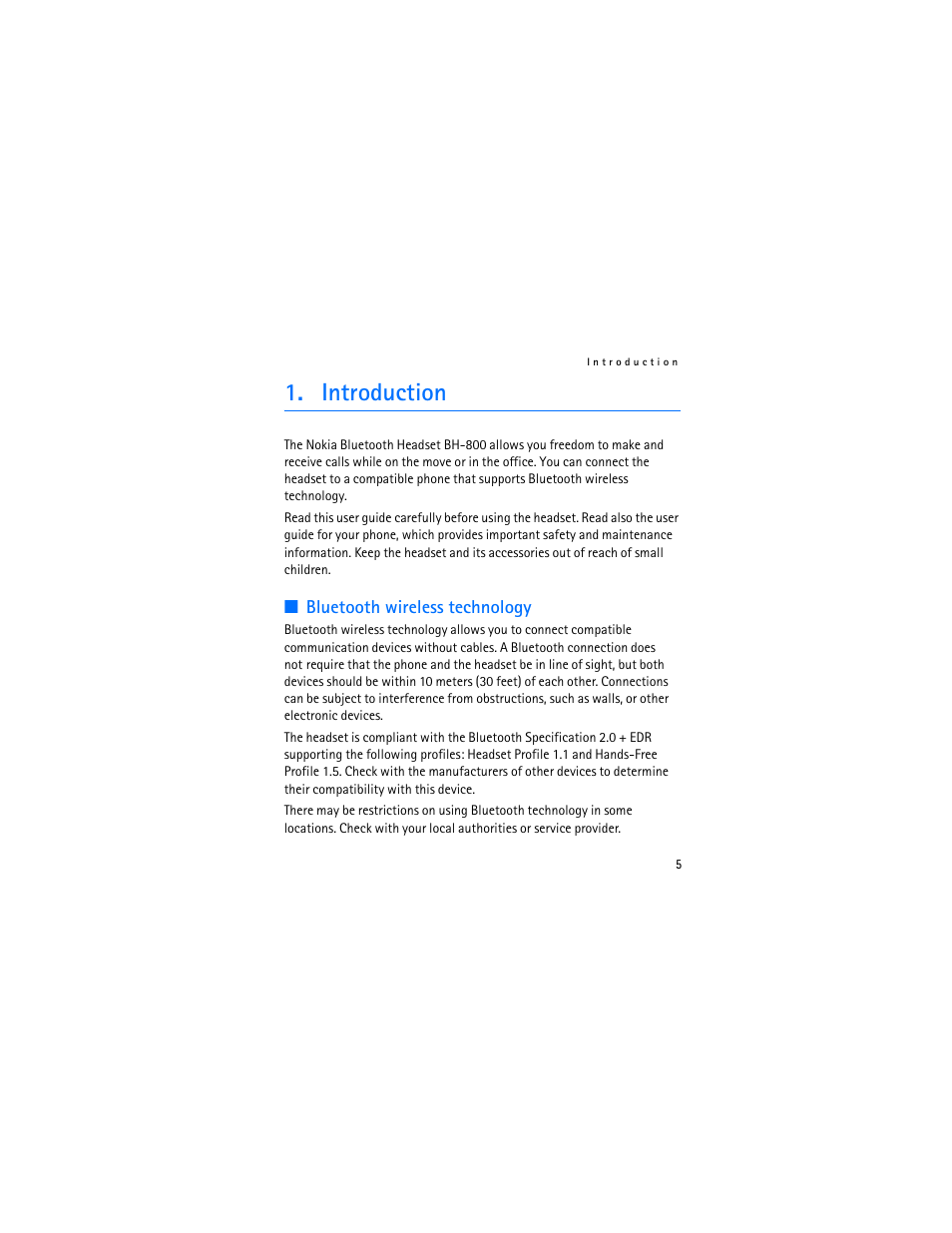 Introduction, Bluetooth wireless technology | Nokia Bluetooth Headset BH-800 User Manual | Page 5 / 80