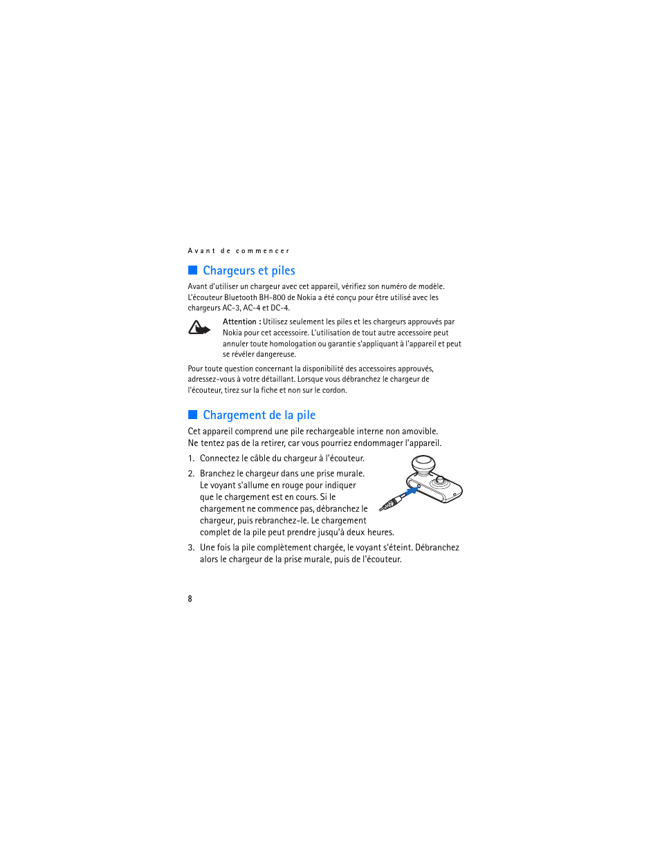 Chargeurs et piles, Chargement de la pile, Chargeurs et piles chargement de la pile | Nokia Bluetooth Headset BH-800 User Manual | Page 68 / 80