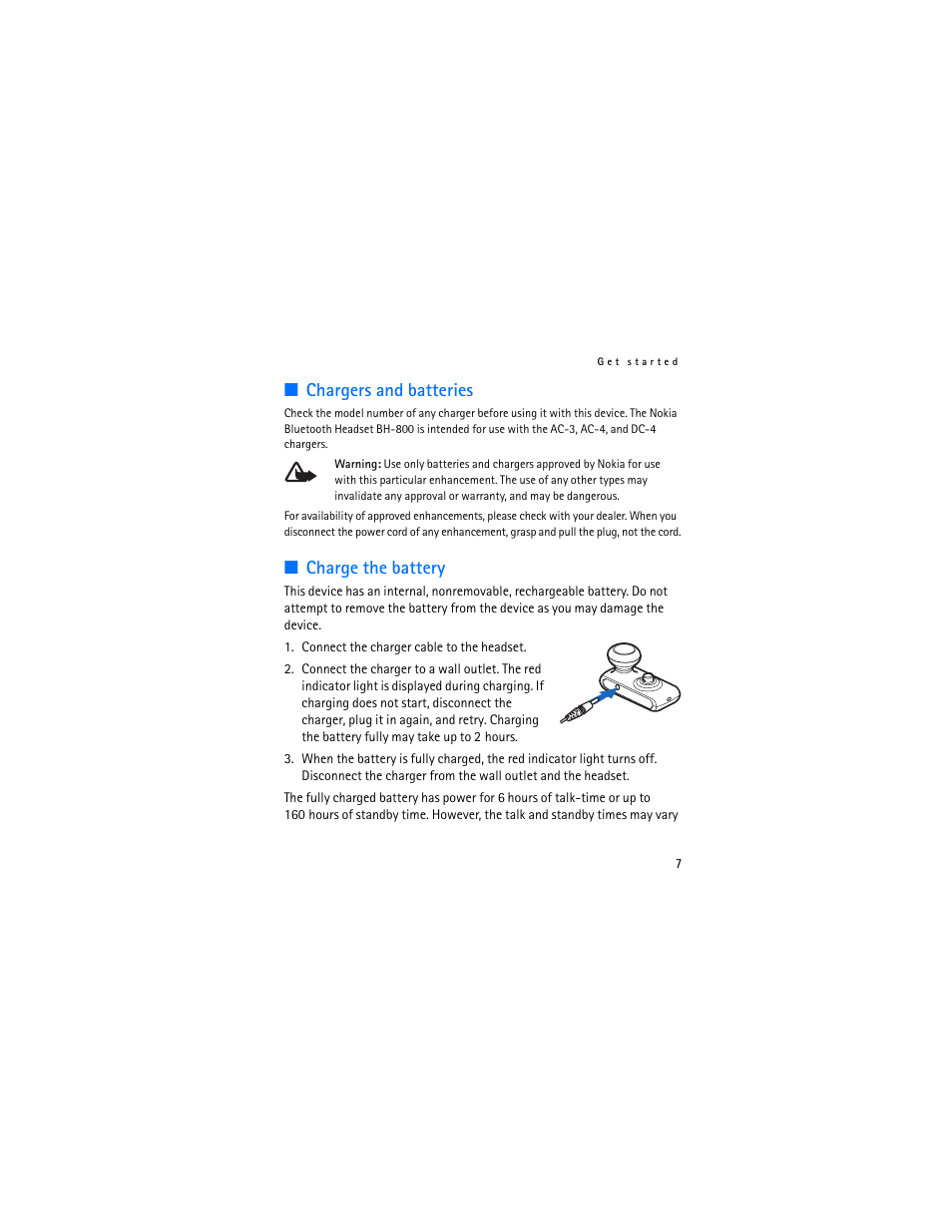 Chargers and batteries, Charge the battery, Chargers and batteries charge the battery | Nokia Bluetooth Headset BH-800 User Manual | Page 7 / 80
