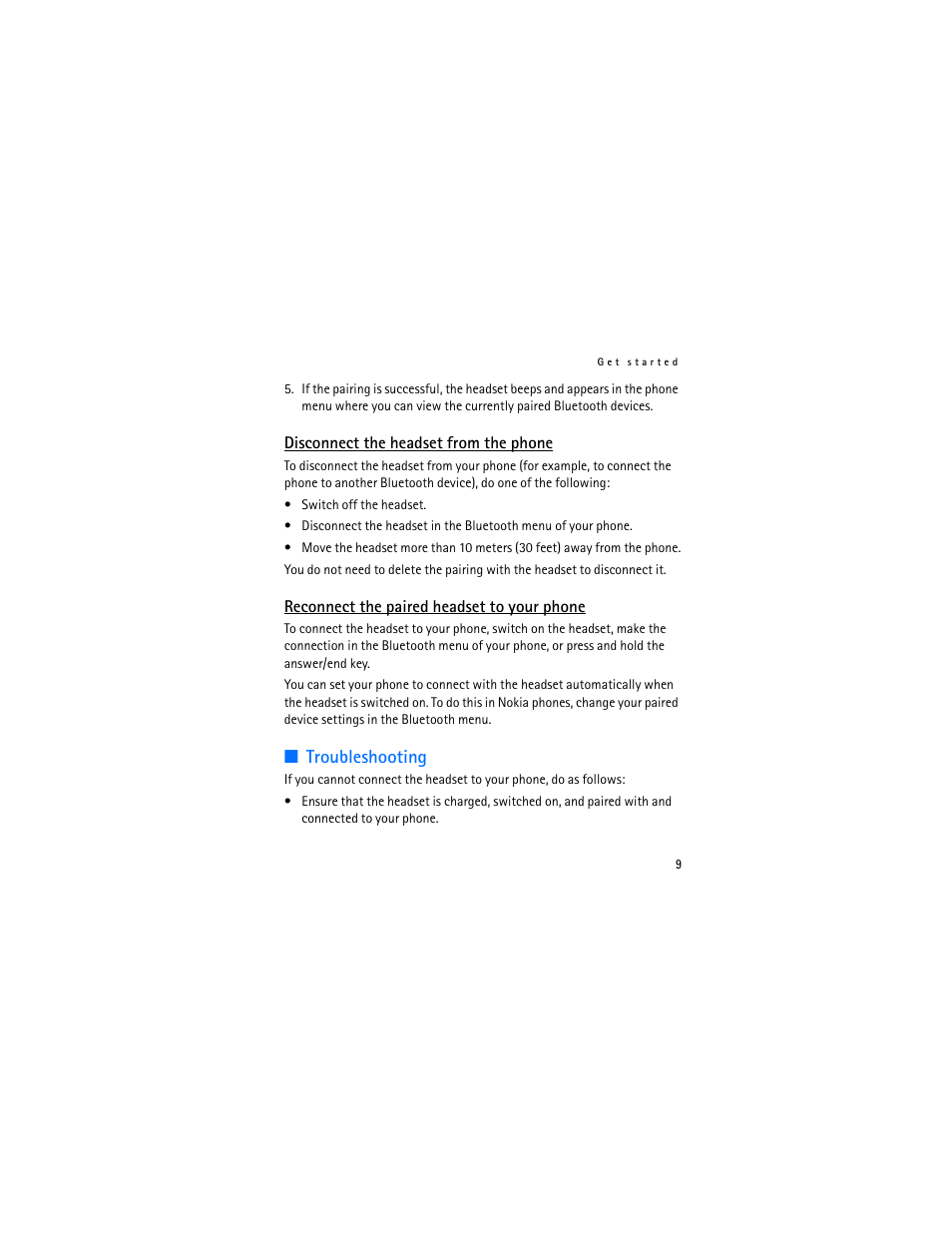 Disconnect the headset from the phone, Reconnect the paired headset to your phone, Troubleshooting | Nokia Bluetooth Headset BH-800 User Manual | Page 9 / 80