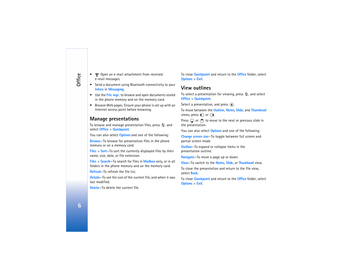 Offic e, Manage presentations, View outlines | Nokia N90 User Manual | Page 11 / 33