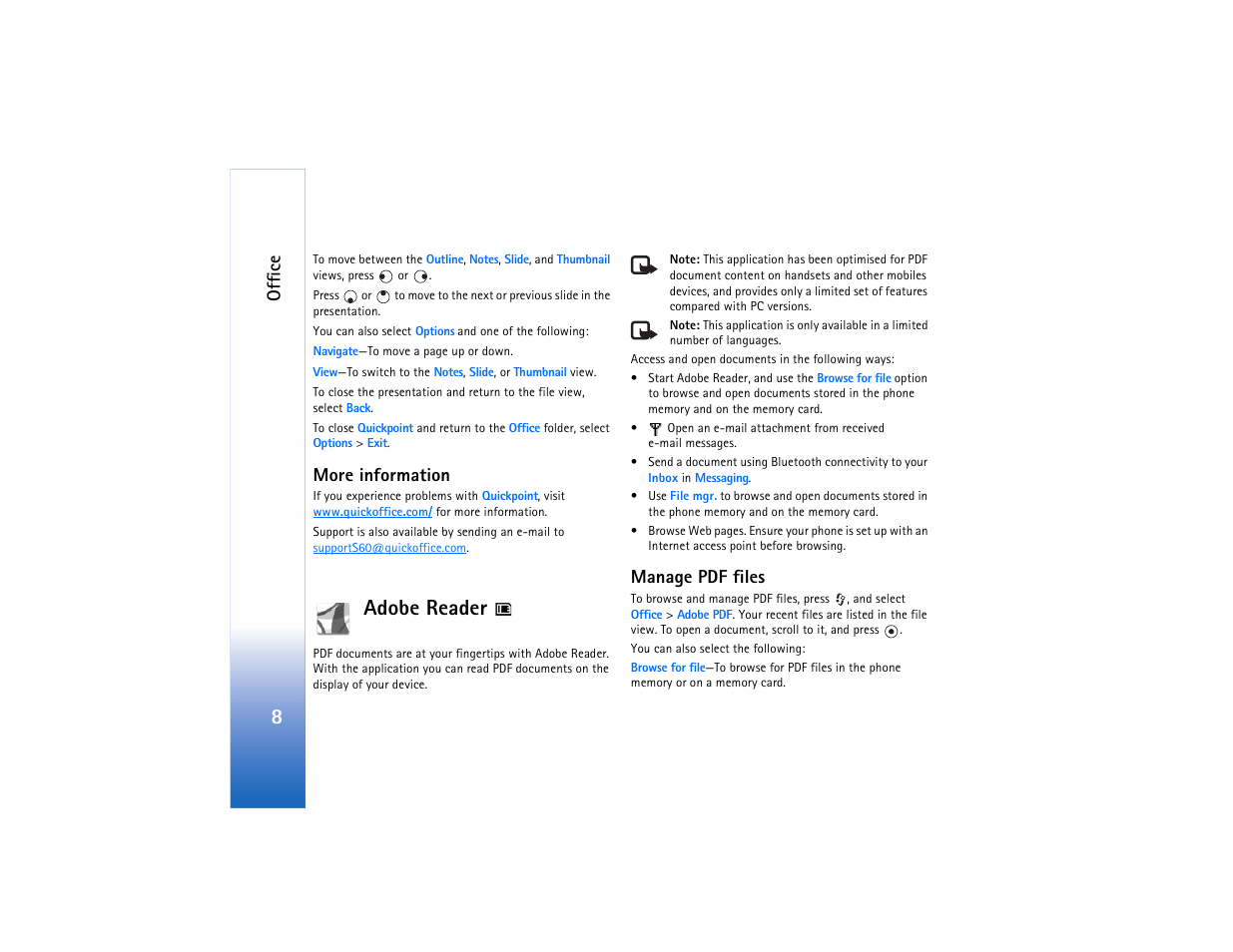 Adobe reader, Offic e, More information | Manage pdf files | Nokia N90 User Manual | Page 13 / 33