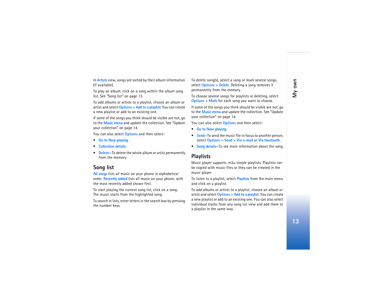 My own, Song list, Playlists | Nokia N90 User Manual | Page 18 / 33