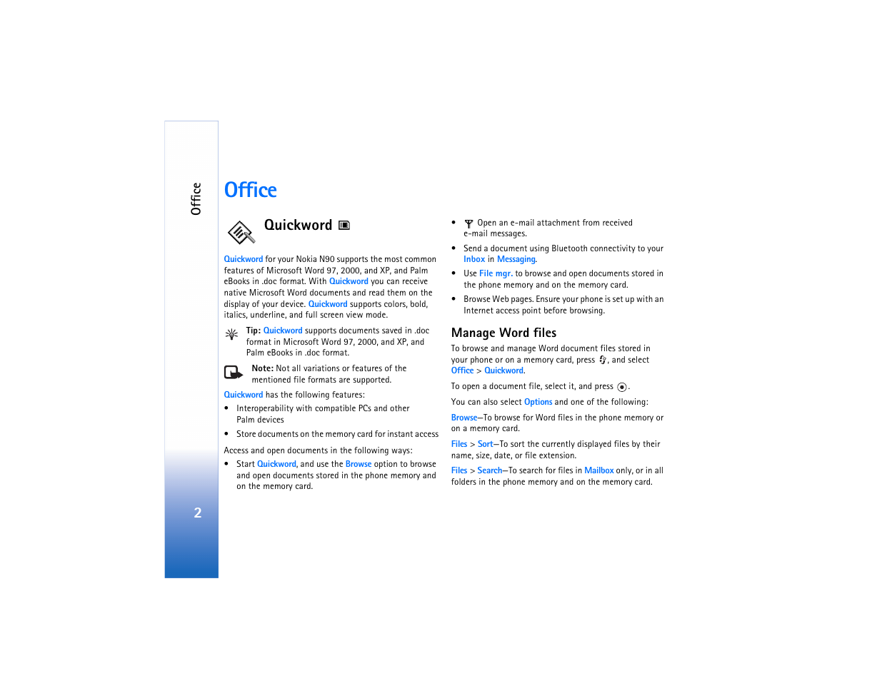 Office, Quickword, Offic e | Manage word files | Nokia N90 User Manual | Page 7 / 33