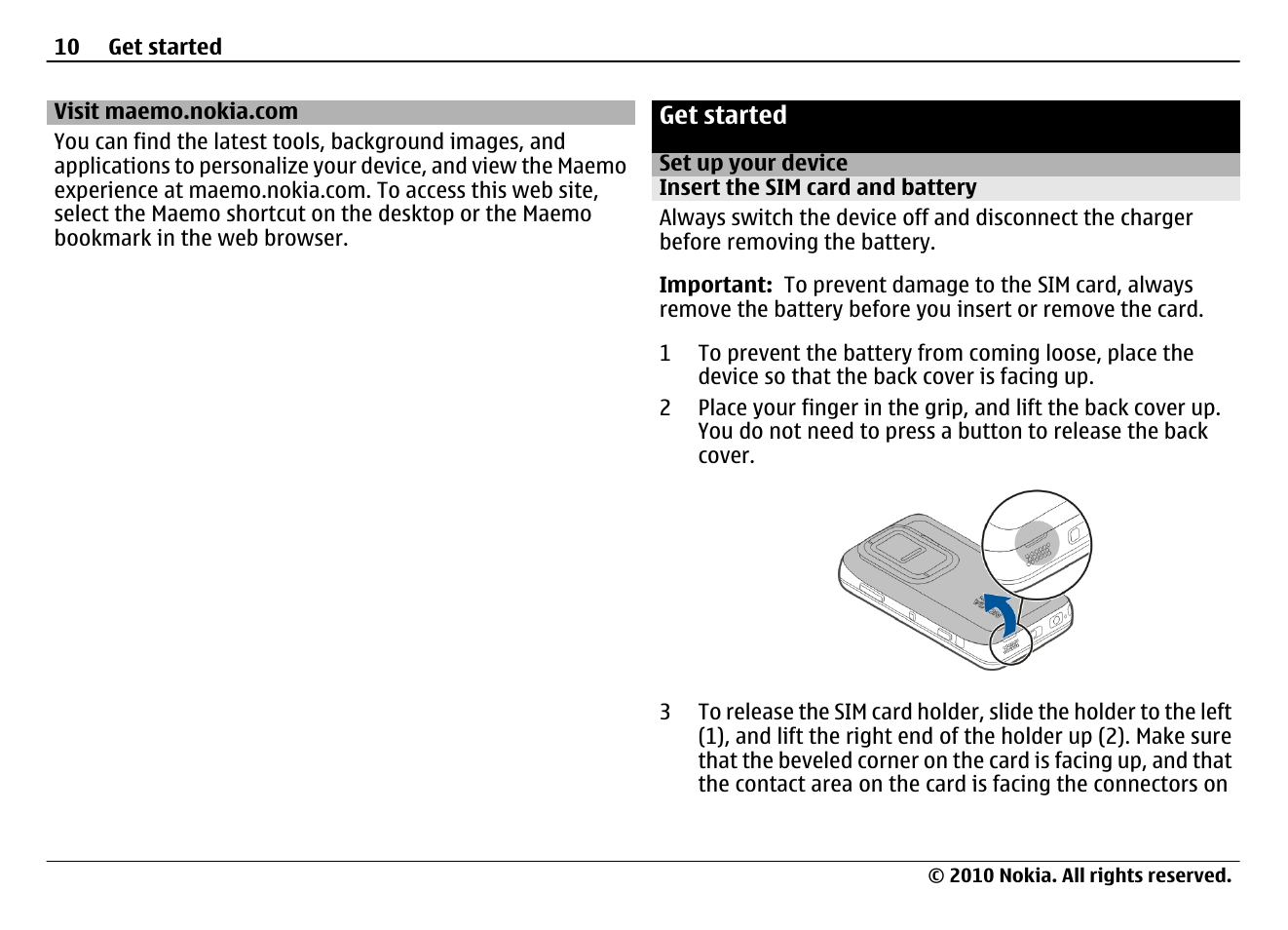 Visit maemo.nokia.com, Get started, Set up your device | Insert the sim card and battery | Nokia N900 User Manual | Page 10 / 283