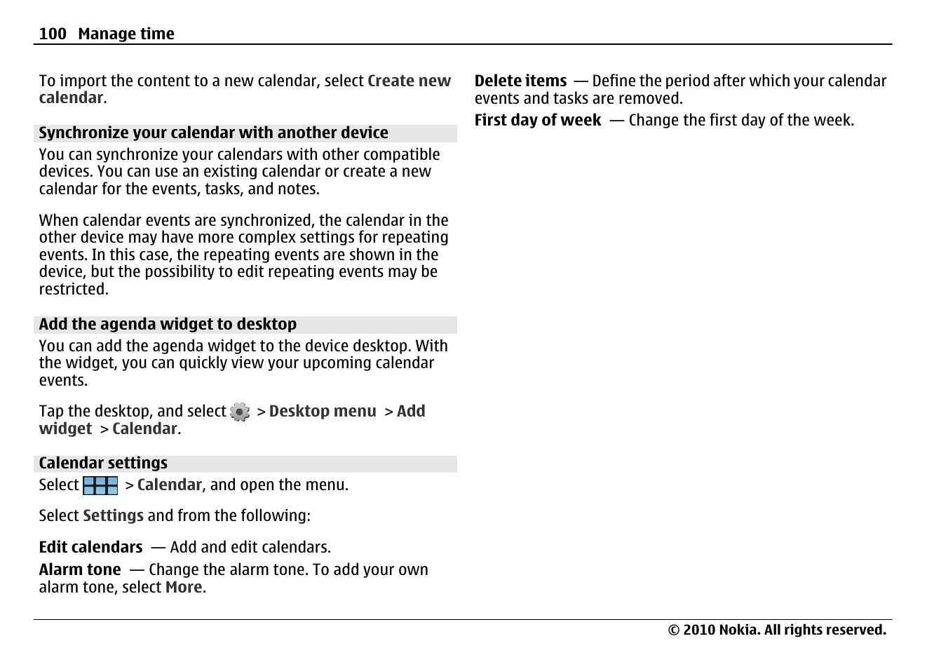 Synchronize your calendar with another device, Add the agenda widget to desktop, Calendar settings | Nokia N900 User Manual | Page 100 / 283