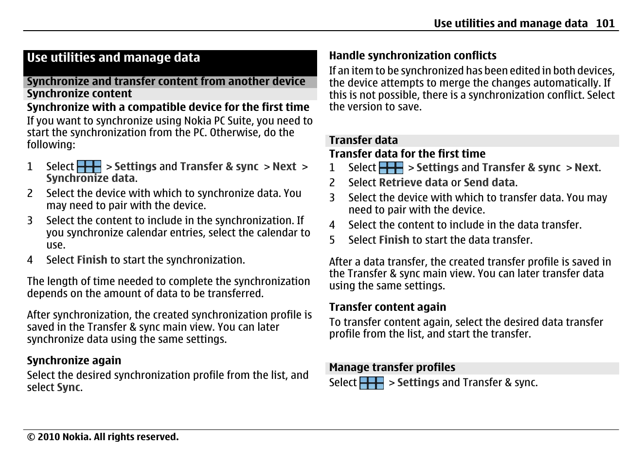 Use utilities and manage data, Synchronize content, Transfer data | Manage transfer profiles | Nokia N900 User Manual | Page 101 / 283