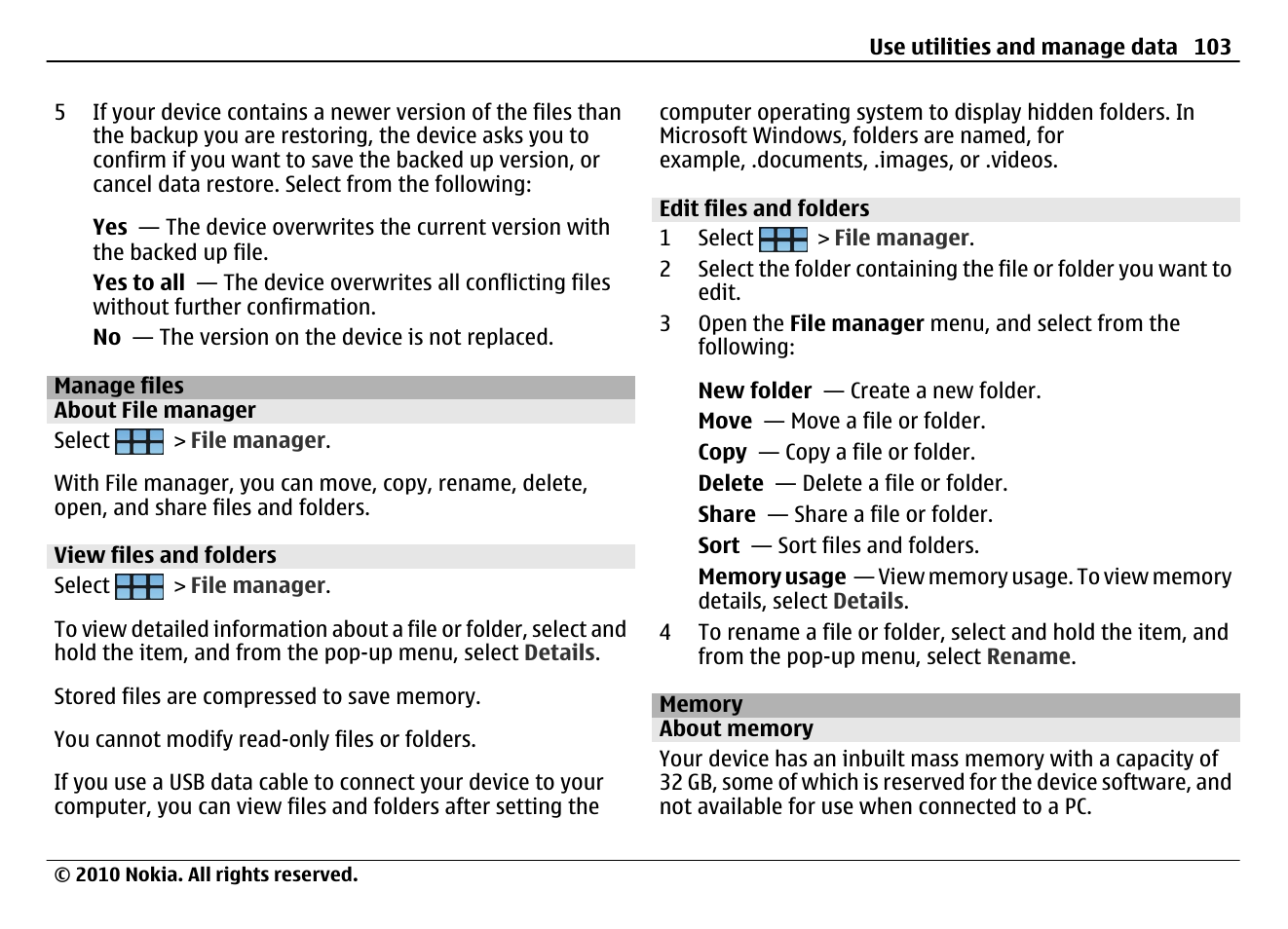 Manage files, About file manager, View files and folders | Edit files and folders, Memory, About memory | Nokia N900 User Manual | Page 103 / 283