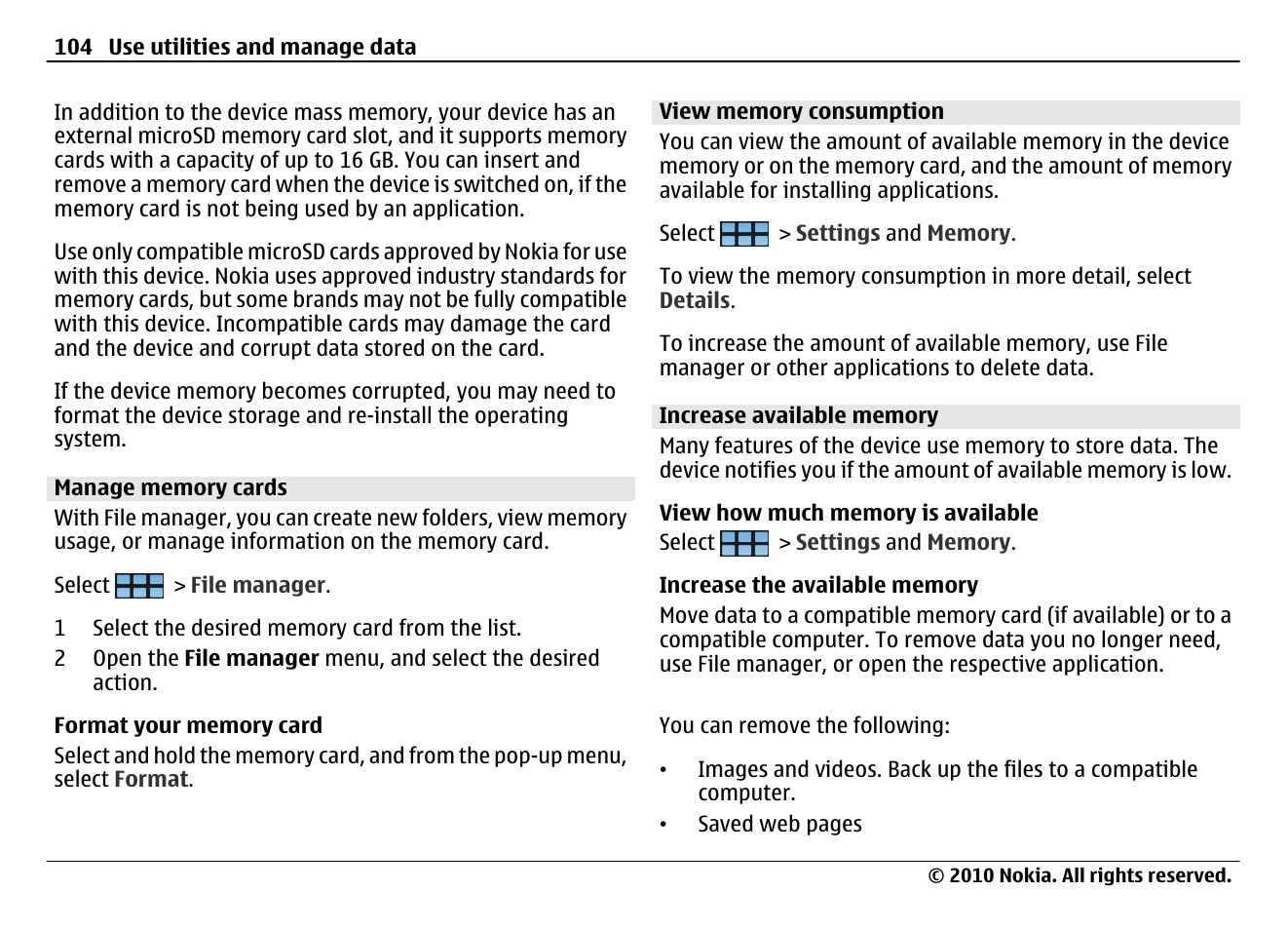 Manage memory cards, View memory consumption, Increase available memory | Nokia N900 User Manual | Page 104 / 283