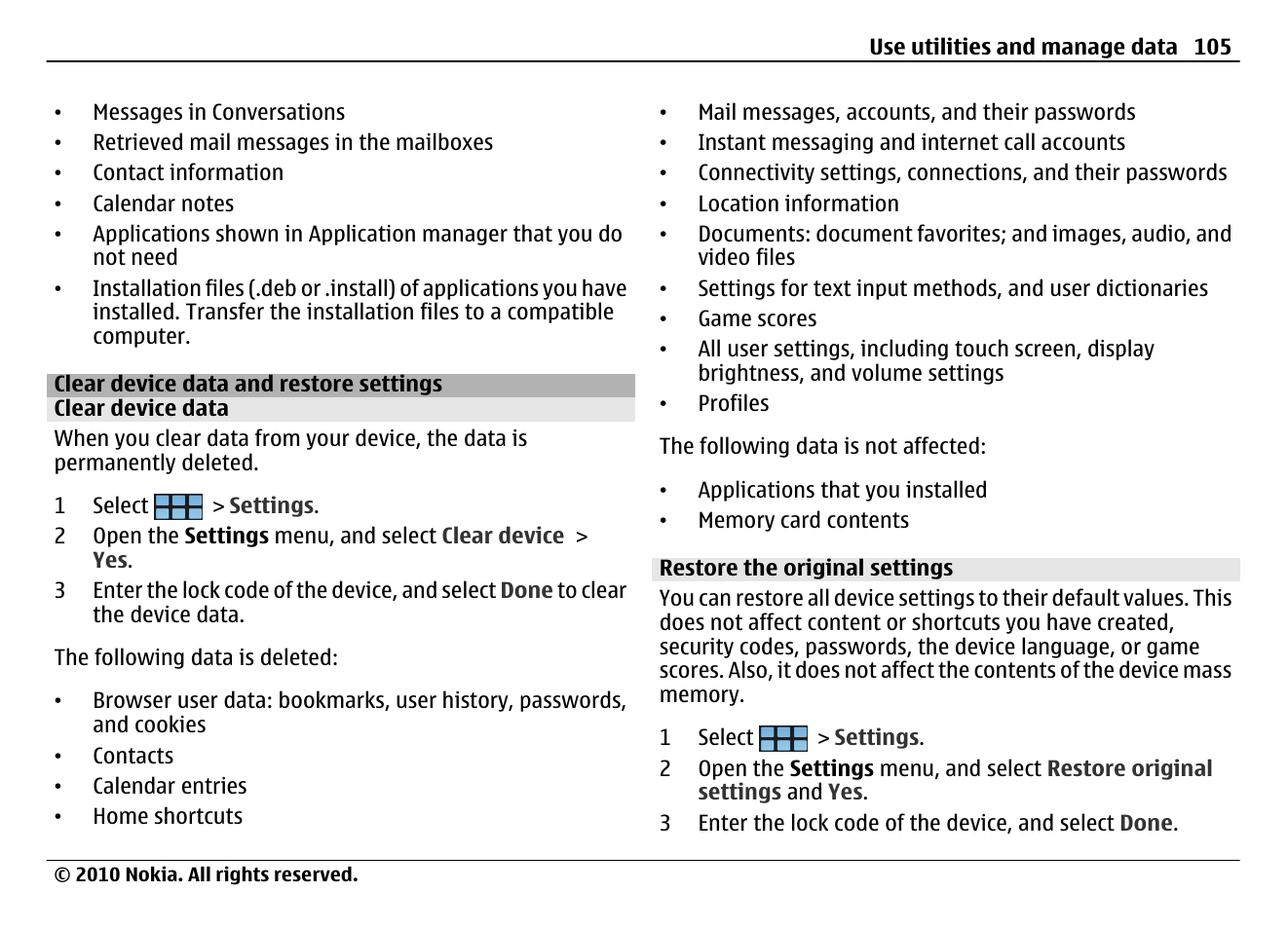 Clear device data and restore settings, Clear device data, Restore the original settings | Nokia N900 User Manual | Page 105 / 283