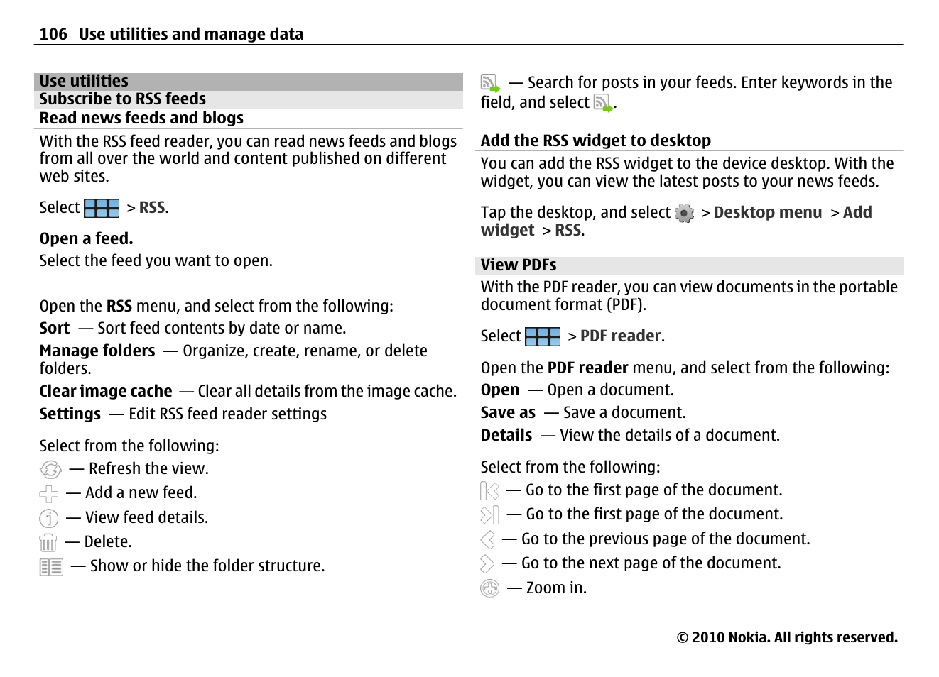 Use utilities, Subscribe to rss feeds, Read news feeds and blogs | Add the rss widget to desktop, View pdfs | Nokia N900 User Manual | Page 106 / 283