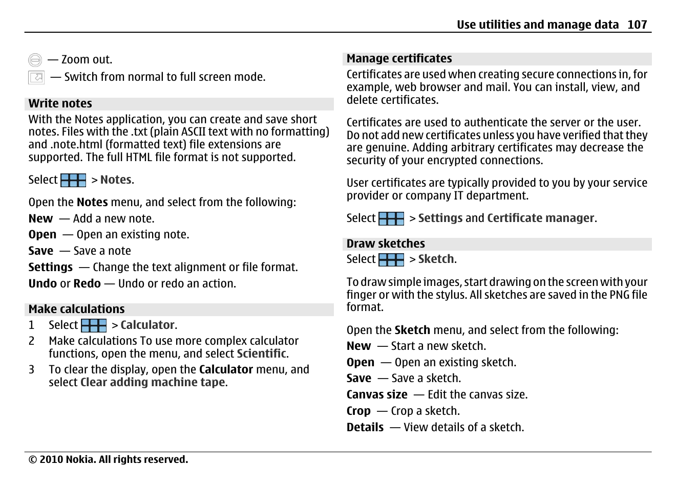 Write notes, Make calculations, Manage certificates | Draw sketches | Nokia N900 User Manual | Page 107 / 283