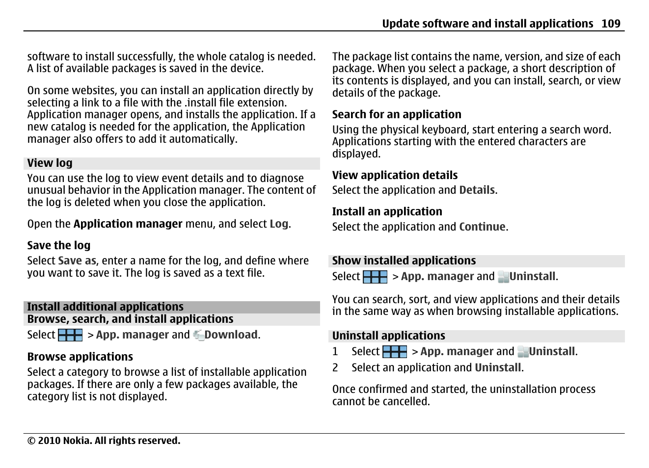 View log, Install additional applications, Browse, search, and install applications | Show installed applications, Uninstall applications | Nokia N900 User Manual | Page 109 / 283