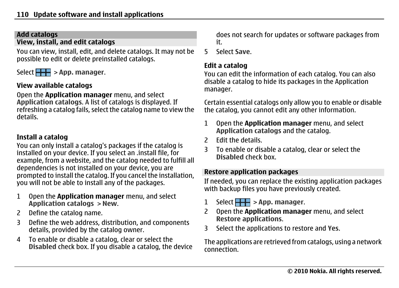 Add catalogs, View, install, and edit catalogs, Restore application packages | Nokia N900 User Manual | Page 110 / 283