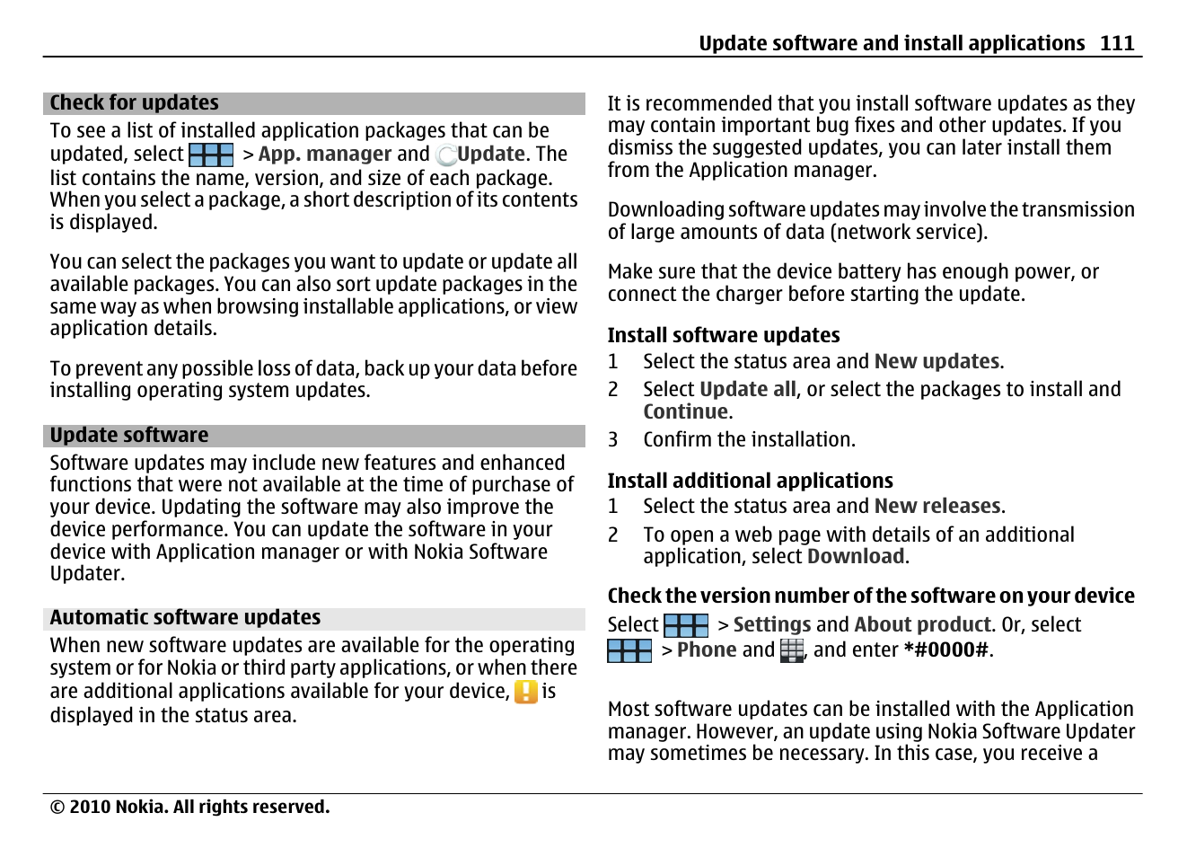 Check for updates, Update software, Automatic software updates | Nokia N900 User Manual | Page 111 / 283