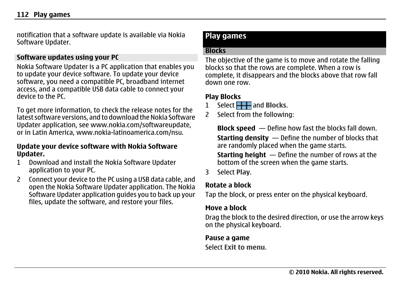 Software updates using your pc, Play games, Blocks | Blocks 112 | Nokia N900 User Manual | Page 112 / 283