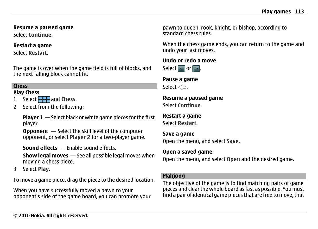 Chess, Mahjong, Chess 113 | Mahjong 113 | Nokia N900 User Manual | Page 113 / 283