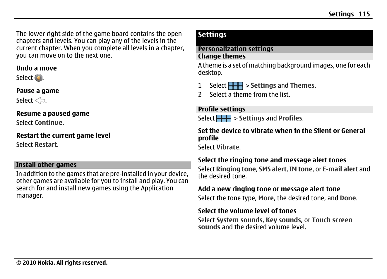 Install other games, Settings, Personalization settings | Change themes, Profile settings | Nokia N900 User Manual | Page 115 / 283