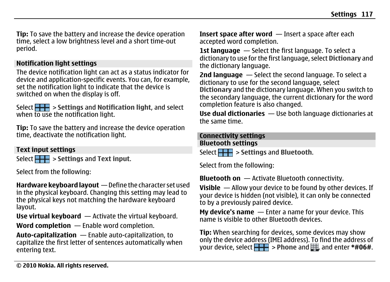 Notification light settings, Text input settings, Connectivity settings | Bluetooth settings | Nokia N900 User Manual | Page 117 / 283