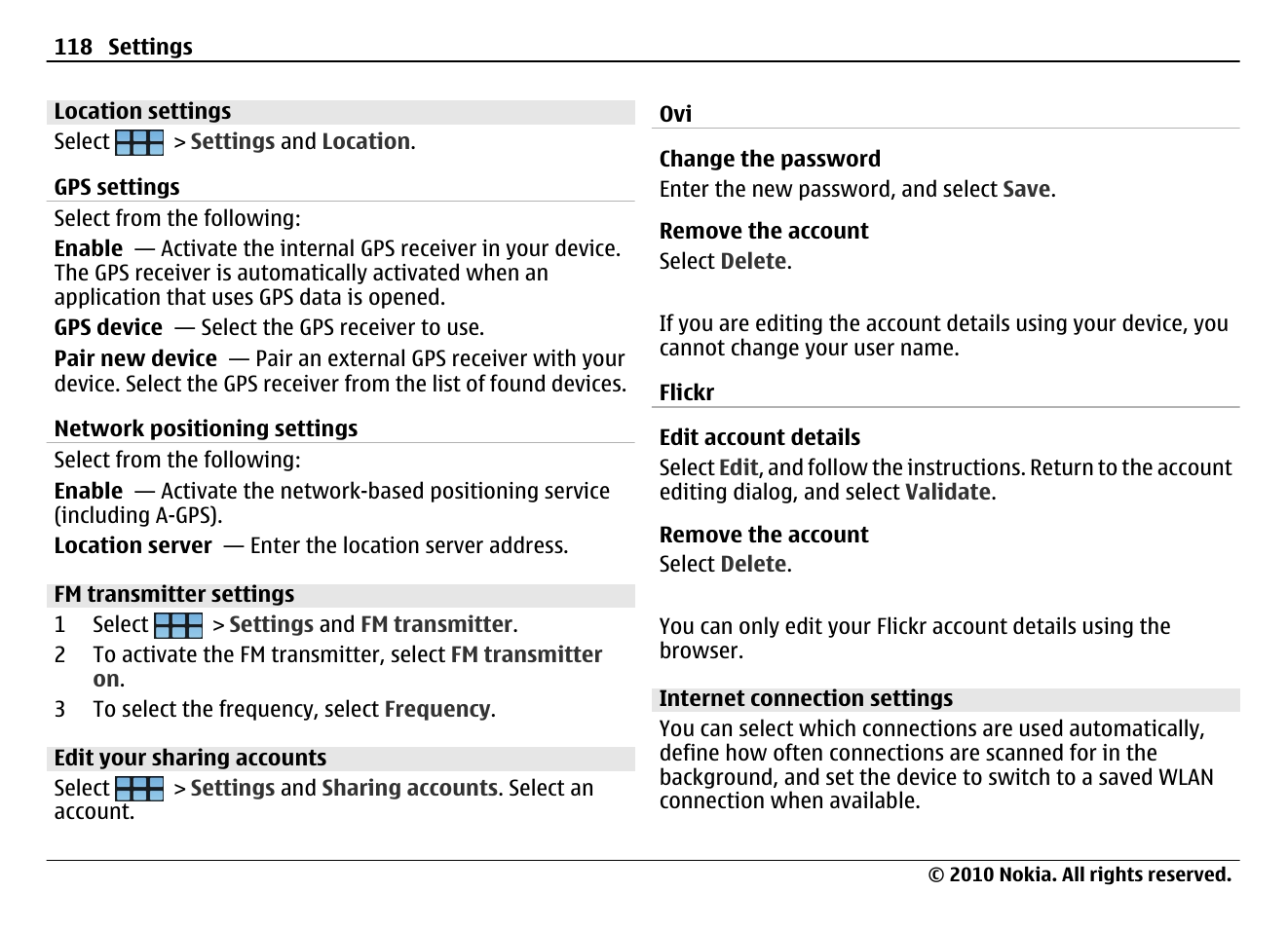 Location settings, Fm transmitter settings, Edit your sharing accounts | Internet connection settings | Nokia N900 User Manual | Page 118 / 283