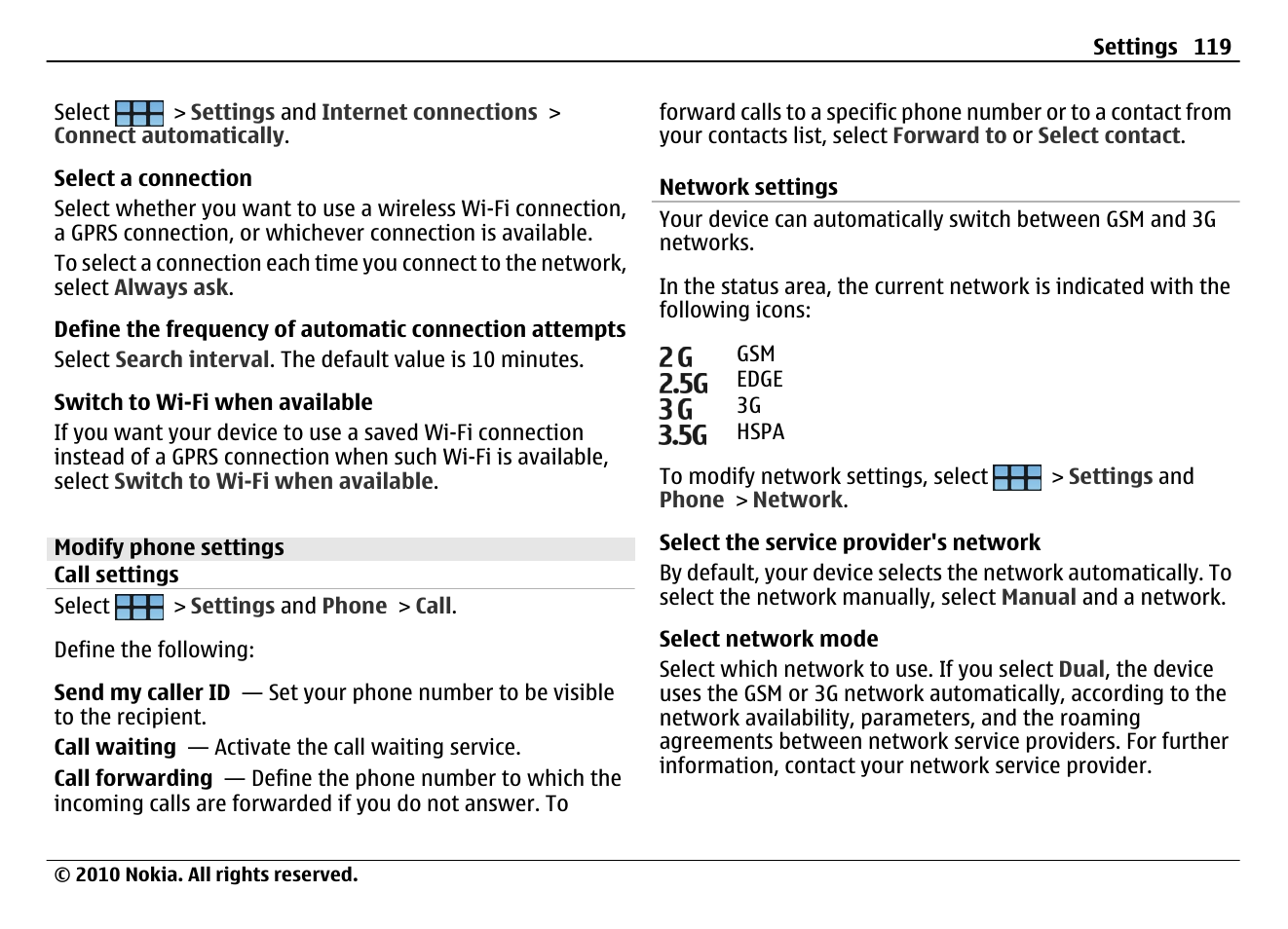 Modify phone settings, Call settings, Network settings | Nokia N900 User Manual | Page 119 / 283