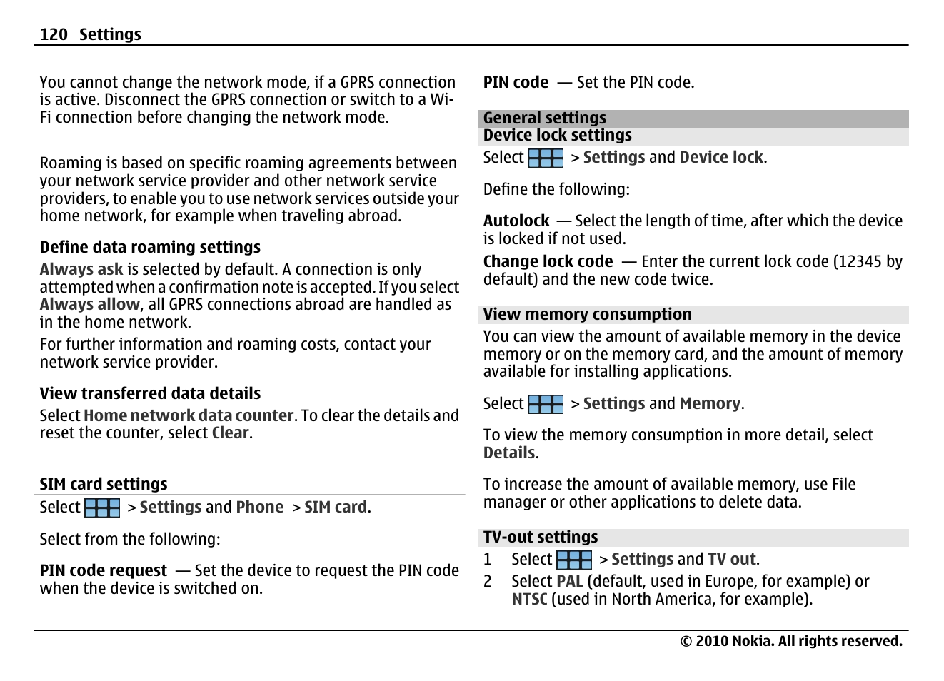 Sim card settings, General settings, Device lock settings | View memory consumption, Tv-out settings | Nokia N900 User Manual | Page 120 / 283