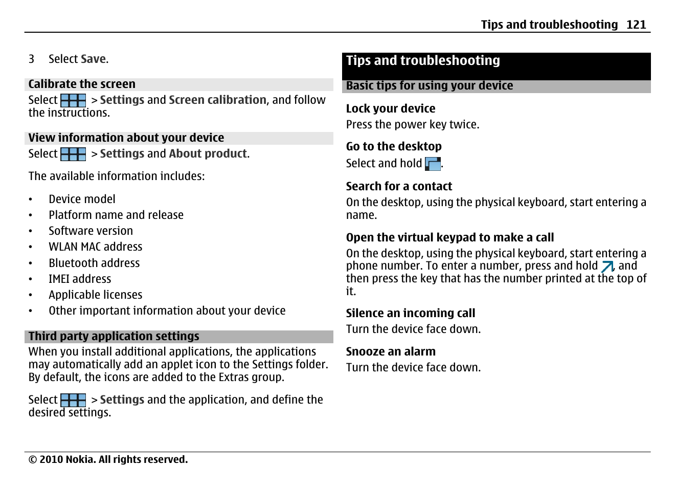 Calibrate the screen, View information about your device, Third party application settings | Tips and troubleshooting, Basic tips for using your device | Nokia N900 User Manual | Page 121 / 283