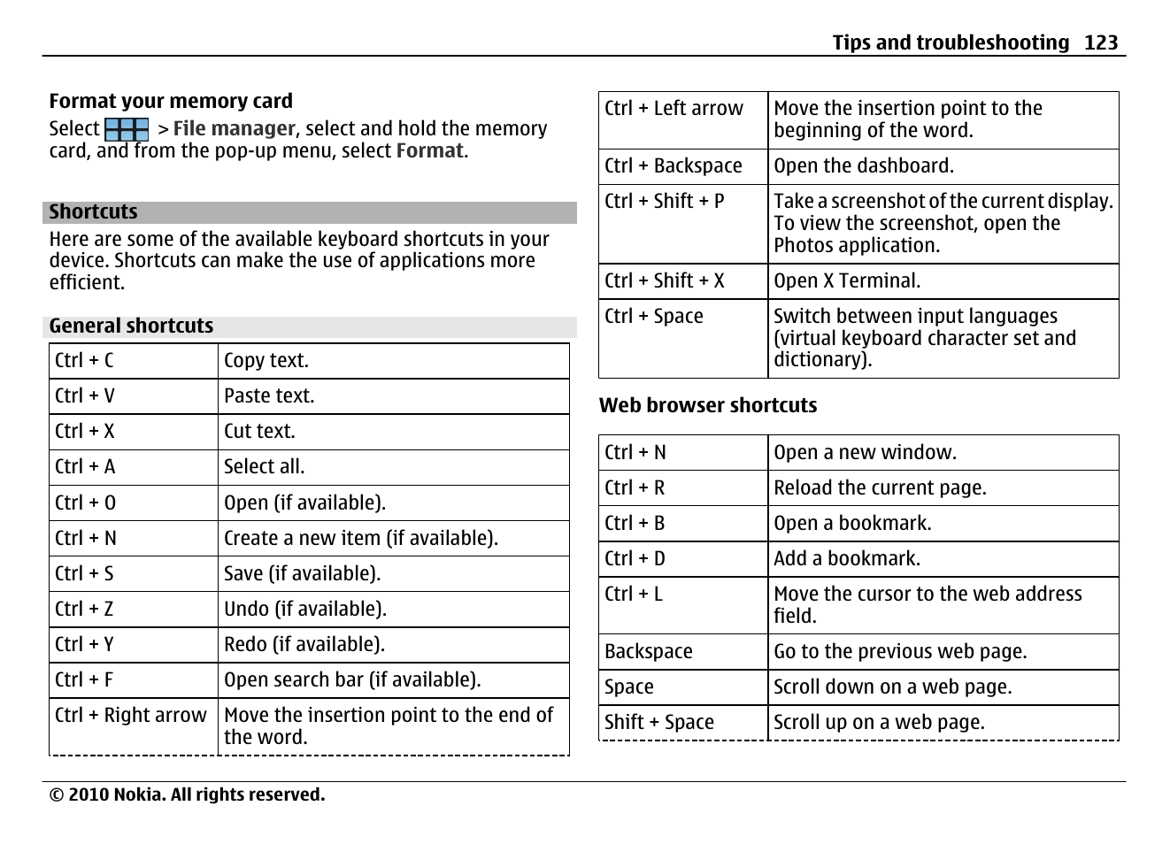 Shortcuts, General shortcuts | Nokia N900 User Manual | Page 123 / 283