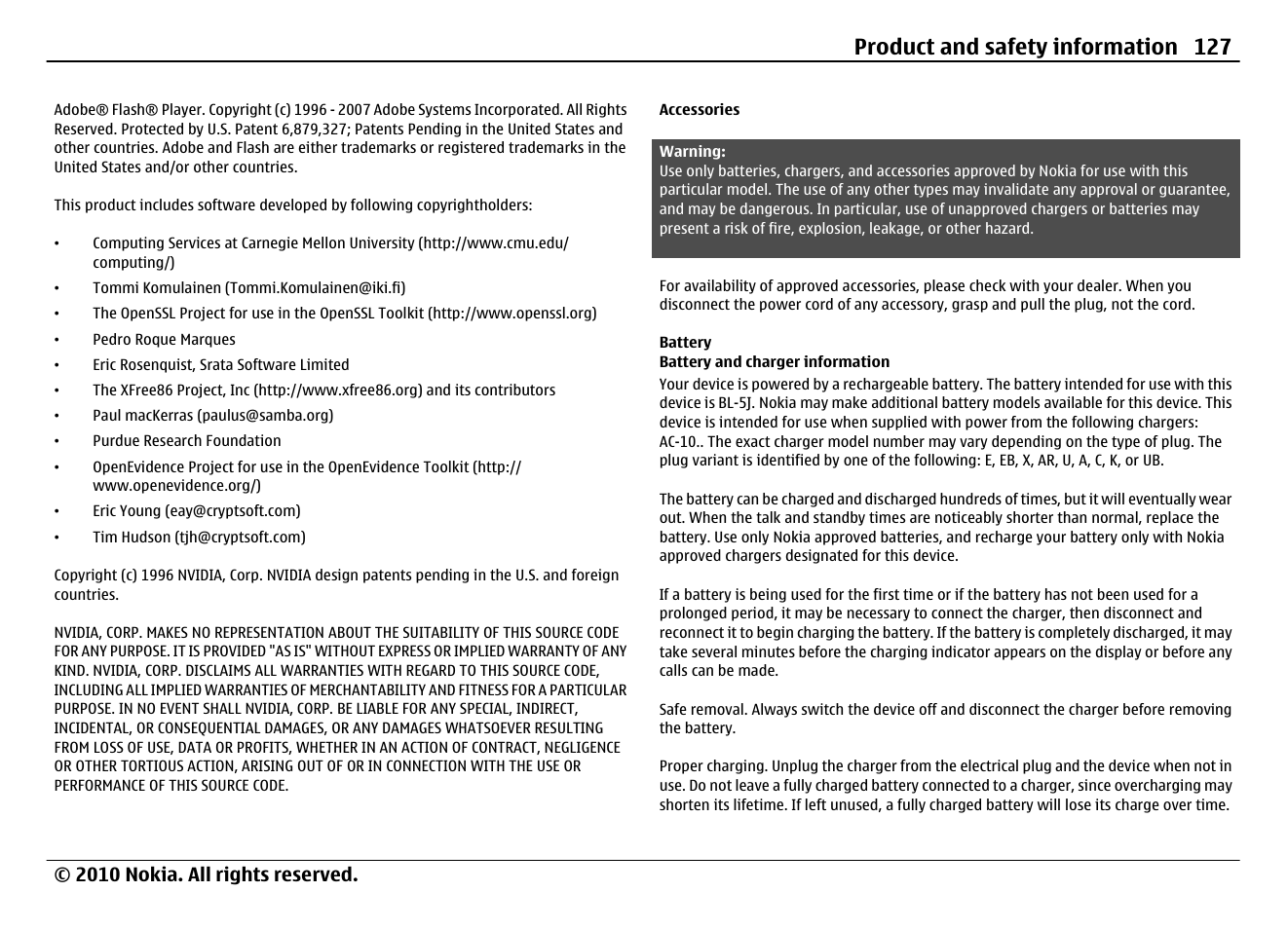 Accessories, Battery, Battery and charger information | Product and safety information 127 | Nokia N900 User Manual | Page 127 / 283