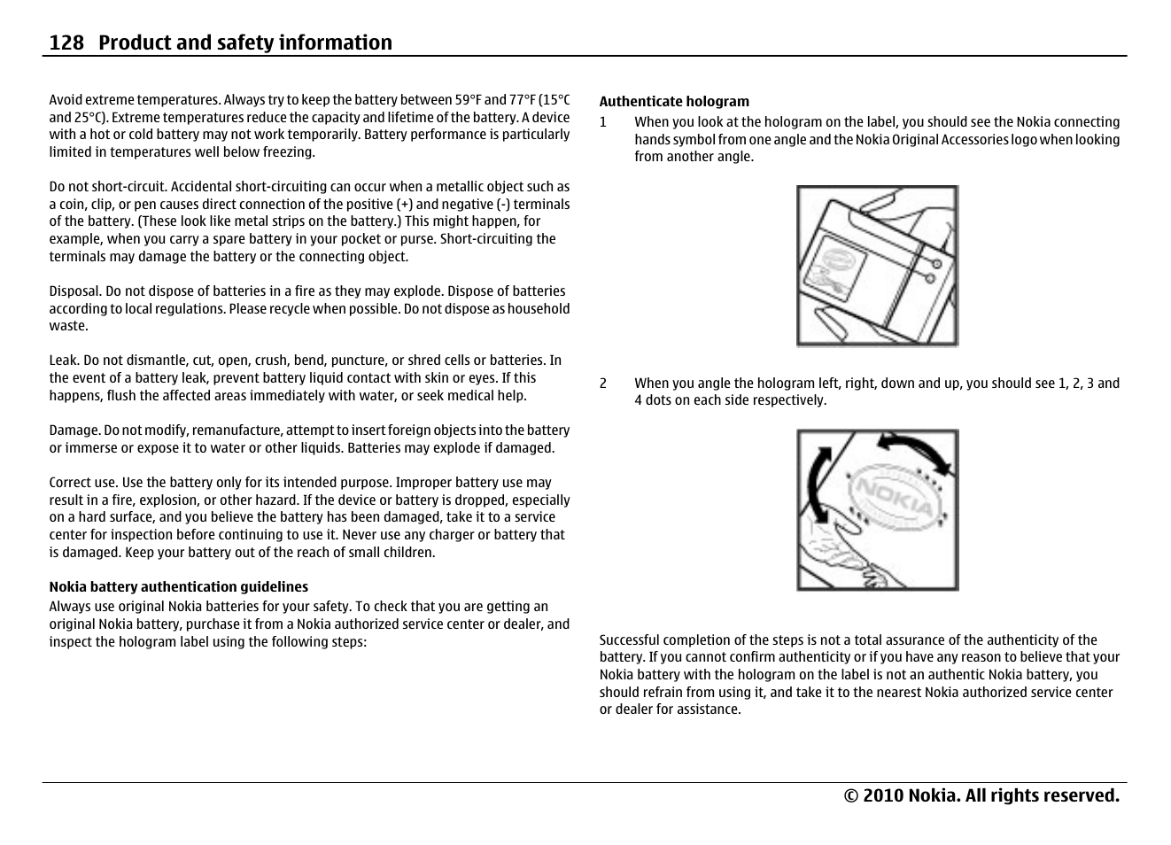 Nokia battery authentication guidelines, Authenticate hologram, 128 product and safety information | Nokia N900 User Manual | Page 128 / 283