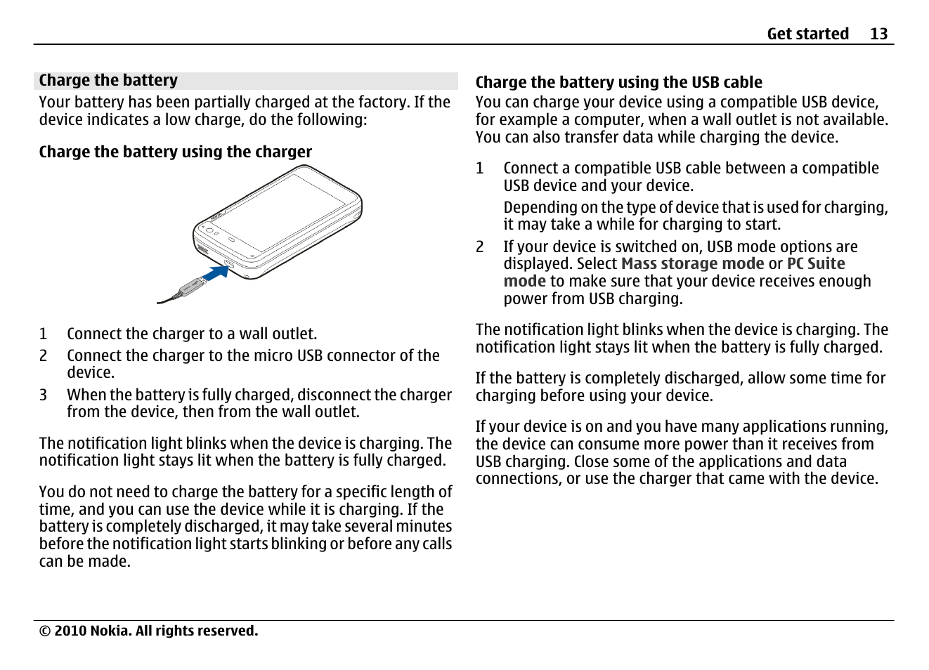 Charge the battery | Nokia N900 User Manual | Page 13 / 283