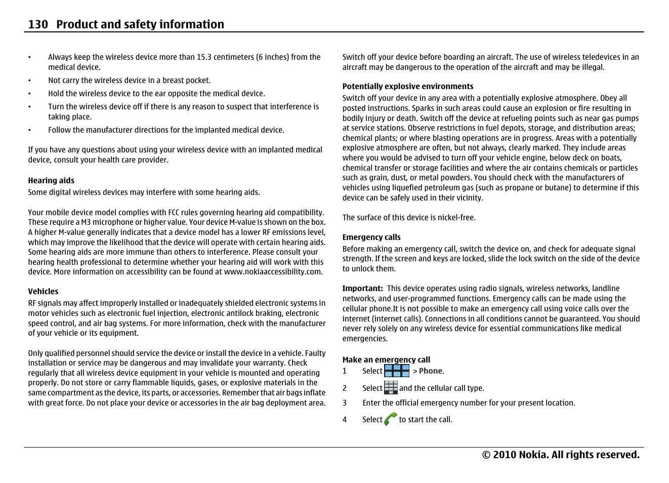 Hearing aids, Vehicles, Potentially explosive environments | Emergency calls, 130 product and safety information | Nokia N900 User Manual | Page 130 / 283