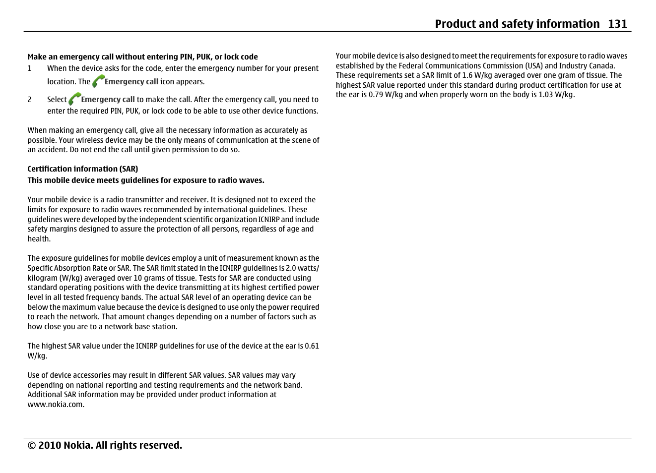 Certification information (sar), Product and safety information 131 | Nokia N900 User Manual | Page 131 / 283