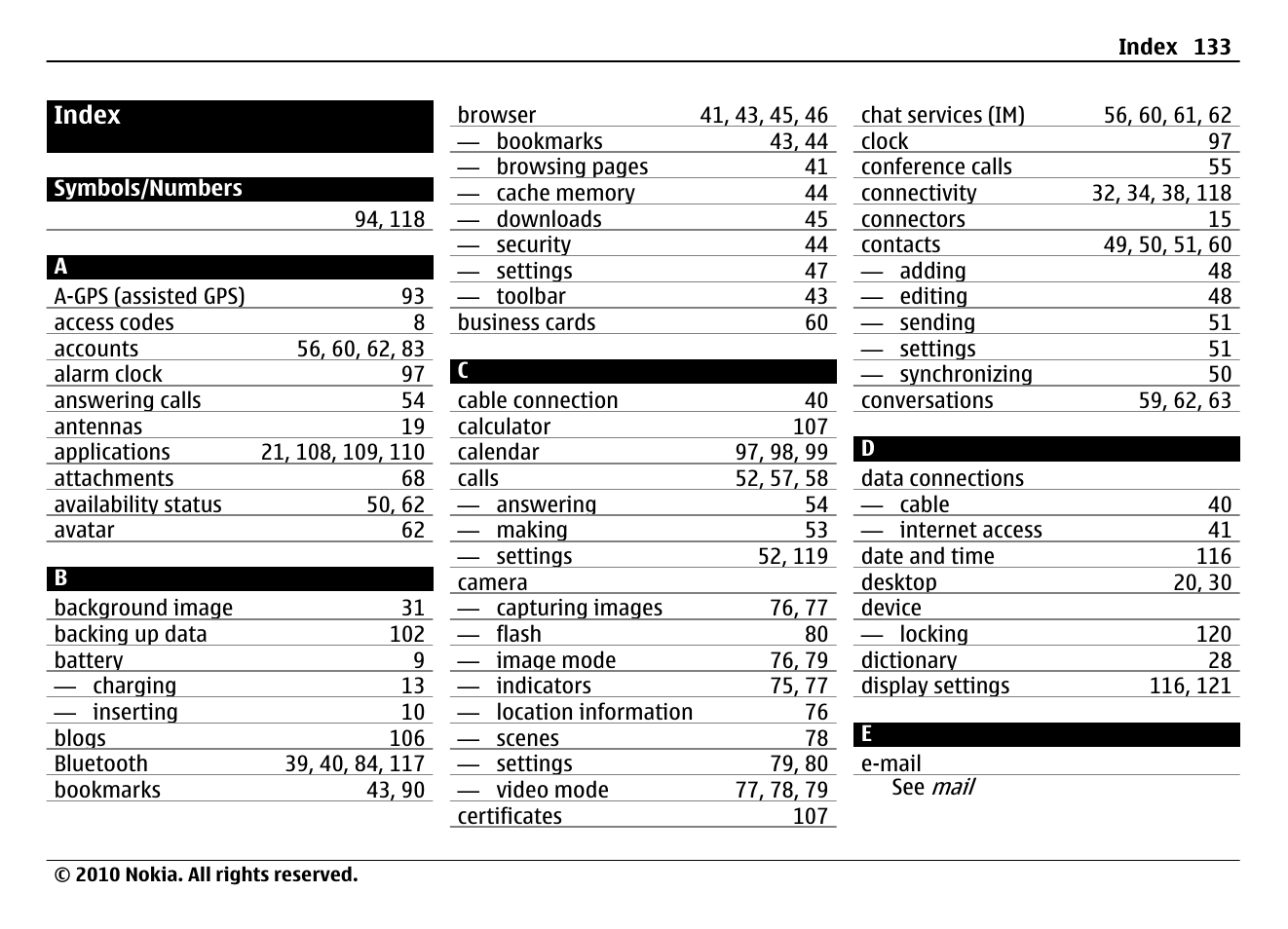 Index | Nokia N900 User Manual | Page 133 / 283