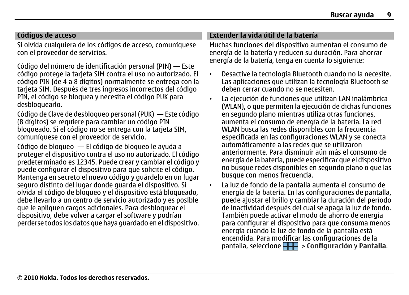 Códigos de acceso, Extender la vida útil de la batería | Nokia N900 User Manual | Page 145 / 283